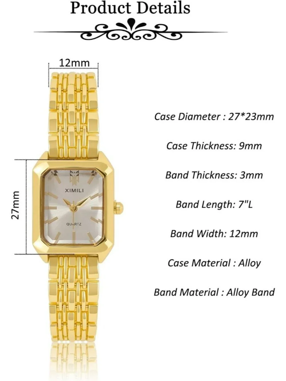 Women's Gold Quartz Rectangular Case Metal Bracelet Band Analogue Wrist Watch